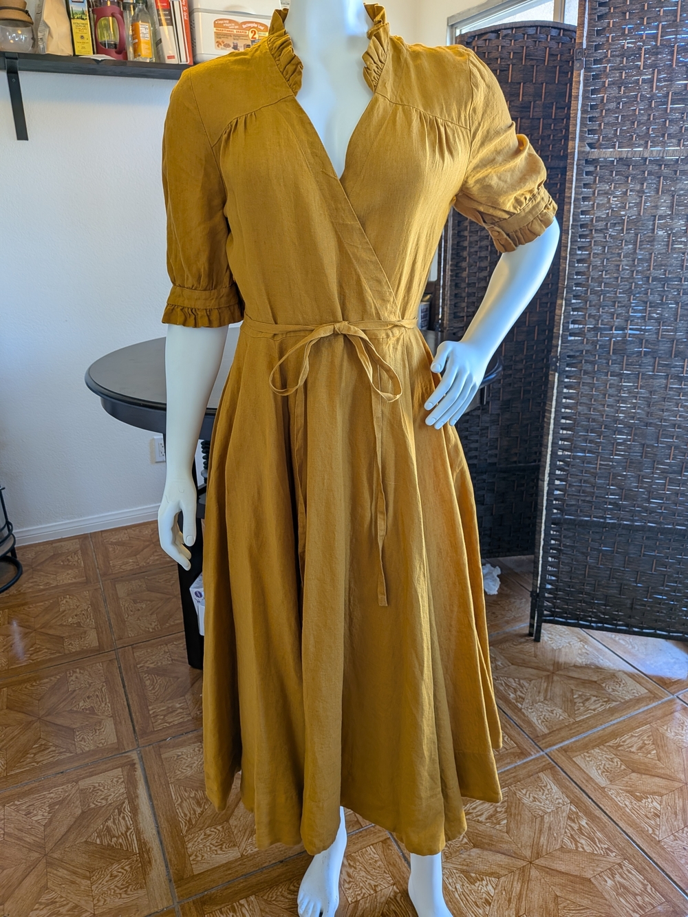 NWT Son de Flor Darcy Linen Wrap Dress Short Sleeve Marigold Yellow Medium